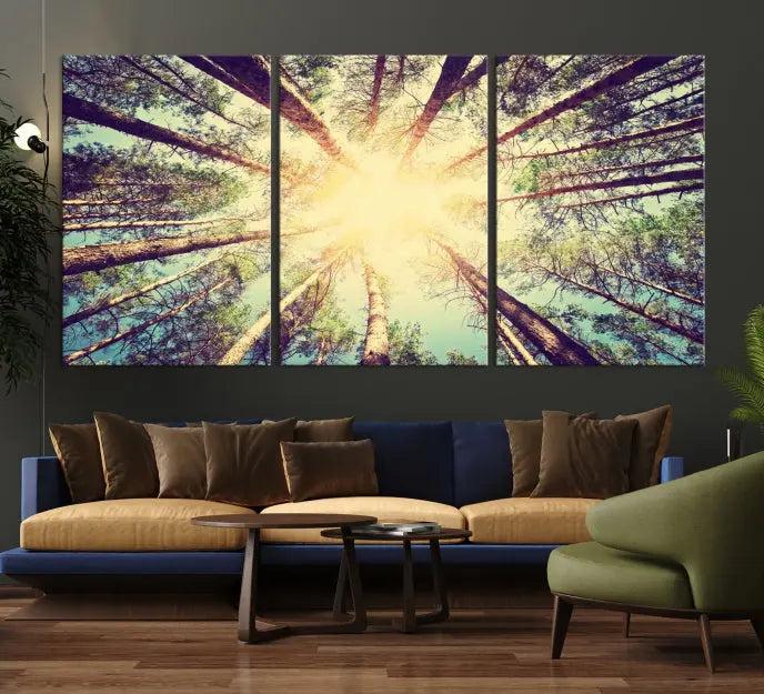 The "Tree and Sunshine" canvas print, depicting towering trees viewed from below with sunlight filtering through, is crafted on museum-quality canvas. Each piece is gallery wrapped and features a UV-protective coating to maintain its vibrant hues.