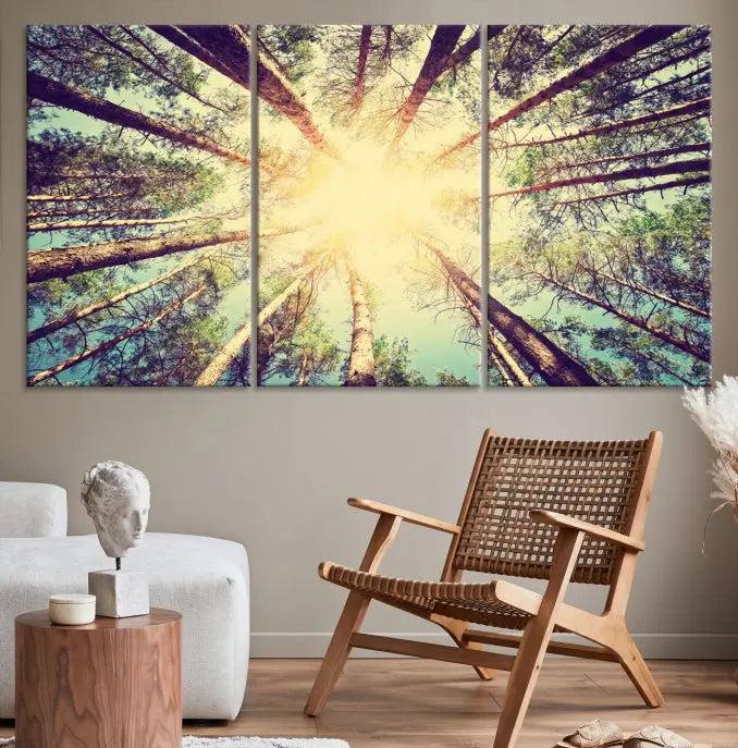 The "Tree and Sunshine" canvas print, depicting towering trees viewed from below with sunlight filtering through, is crafted on museum-quality canvas. Each piece is gallery wrapped and features a UV-protective coating to maintain its vibrant hues.