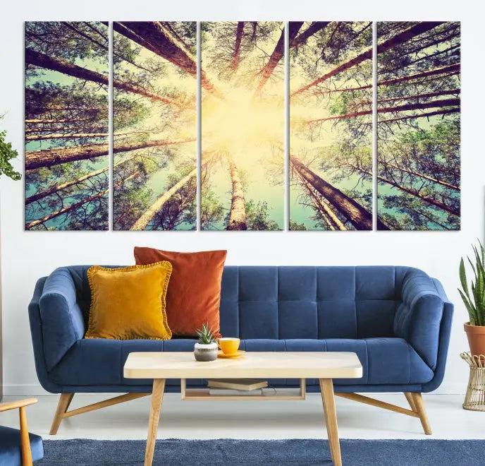 The "Tree and Sunshine" canvas print, depicting towering trees viewed from below with sunlight filtering through, is crafted on museum-quality canvas. Each piece is gallery wrapped and features a UV-protective coating to maintain its vibrant hues.