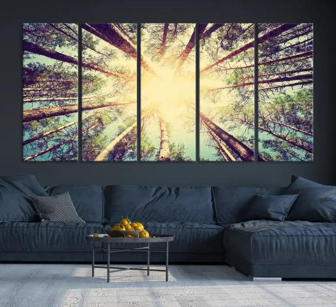 The "Tree and Sunshine" canvas print, depicting towering trees viewed from below with sunlight filtering through, is crafted on museum-quality canvas. Each piece is gallery wrapped and features a UV-protective coating to maintain its vibrant hues.