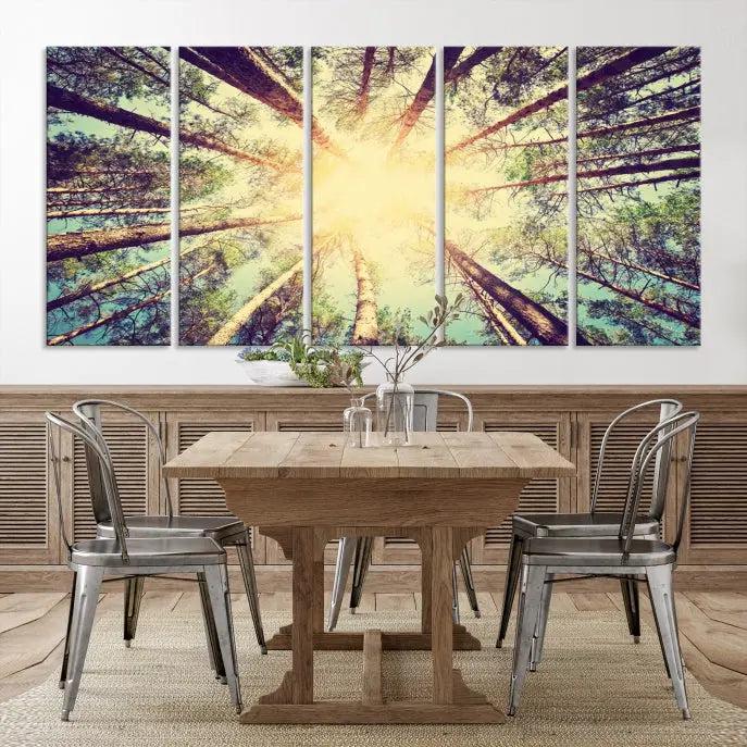 The "Tree and Sunshine" canvas print, depicting towering trees viewed from below with sunlight filtering through, is crafted on museum-quality canvas. Each piece is gallery wrapped and features a UV-protective coating to maintain its vibrant hues.