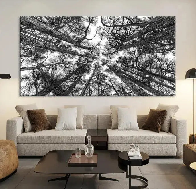 The "Trees Contemporary Art Canvas Print" is a striking black and white triptych featuring tall trees viewed from below. This artwork is gallery wrapped on museum-quality canvas, complete with a UV-protective coating to ensure its longevity.