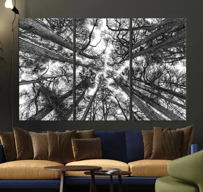 The "Trees Contemporary Art Canvas Print" is a striking black and white triptych featuring tall trees viewed from below. This artwork is gallery wrapped on museum-quality canvas, complete with a UV-protective coating to ensure its longevity.