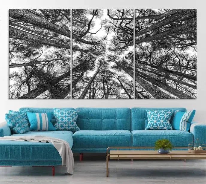 The "Trees Contemporary Art Canvas Print" is a striking black and white triptych featuring tall trees viewed from below. This artwork is gallery wrapped on museum-quality canvas, complete with a UV-protective coating to ensure its longevity.