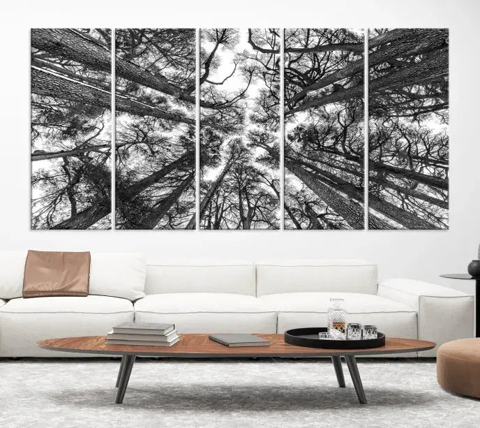 The "Trees Contemporary Art Canvas Print" is a striking black and white triptych featuring tall trees viewed from below. This artwork is gallery wrapped on museum-quality canvas, complete with a UV-protective coating to ensure its longevity.