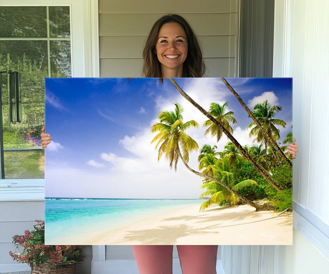 Tropical Beach Canvas Wall Art Print | Palm Trees and White Sand Shore