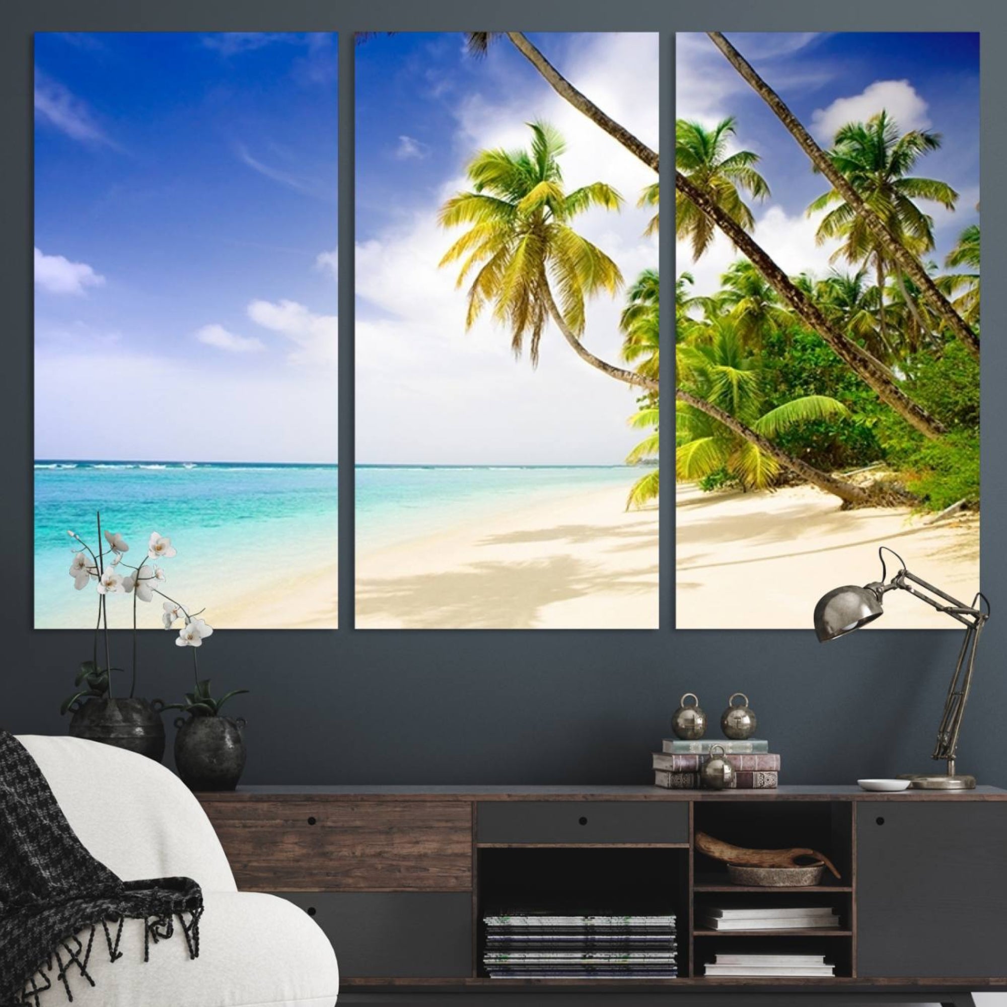 86067-MGV-CV-48X32-3P-Tropical Beach Canvas Wall Art Print – Palm Trees and White Sand Shore Wall Decor for Home or Office