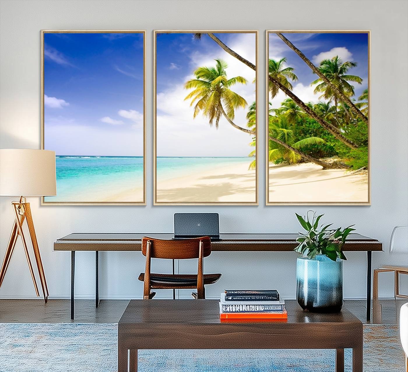 86067-MGV-FC-48X32-3P_Natural-Tropical Beach Canvas Wall Art Print – Palm Trees and White Sand Shore Wall Decor for Home or Office
