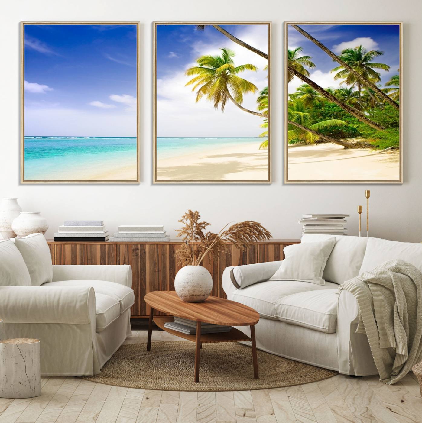 86067-MGV-FC-60X30-3P_Natural-Tropical Beach Canvas Wall Art Print – Palm Trees and White Sand Shore Wall Decor for Home or Office