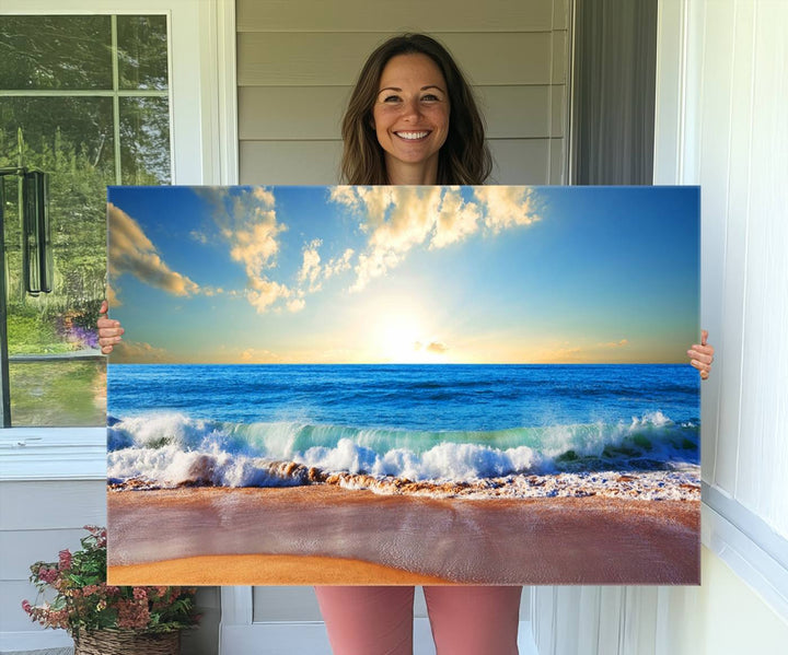 Tropical Beach Sunset Canvas Art, Ocean Waves and Sandy Shoreline Wall Art, Large Beach Decor for Coastal Homes