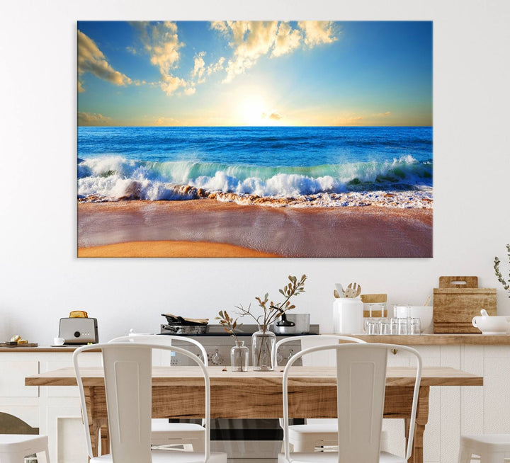 Tropical Beach Sunset Canvas Art, Ocean Waves and Sandy Shoreline Wall Art, Large Beach Decor for Coastal Homes
