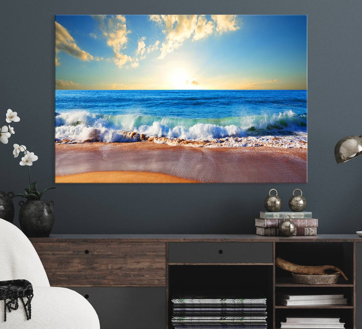 Tropical Beach Sunset Canvas Art, Ocean Waves and Sandy Shoreline Wall Art, Large Beach Decor for Coastal Homes