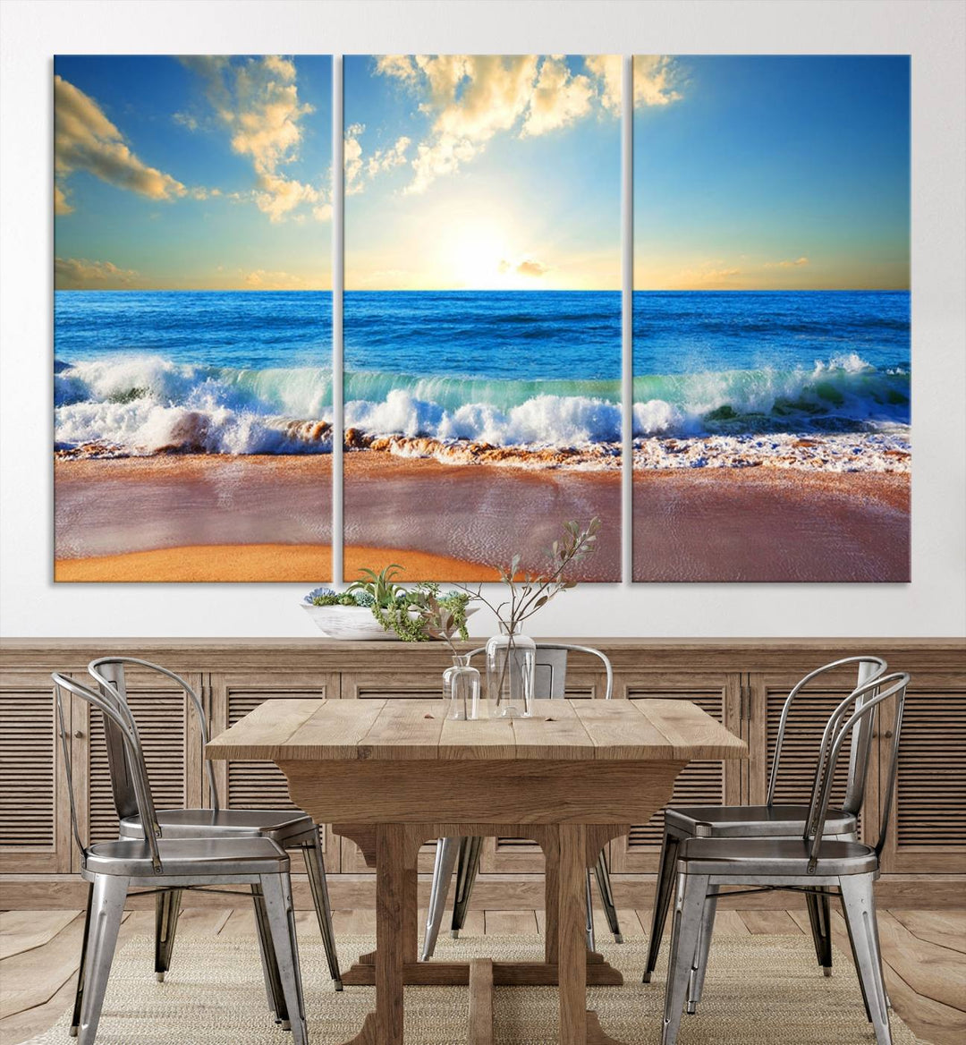 Tropical Beach Sunset Canvas Art, Ocean Waves and Sandy Shoreline Wall Art, Large Beach Decor for Coastal Homes