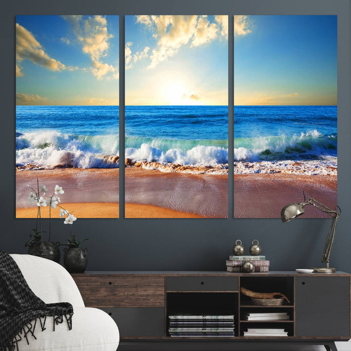 Tropical Beach Sunset Canvas Art, Ocean Waves and Sandy Shoreline Wall Art, Large Beach Decor for Coastal Homes