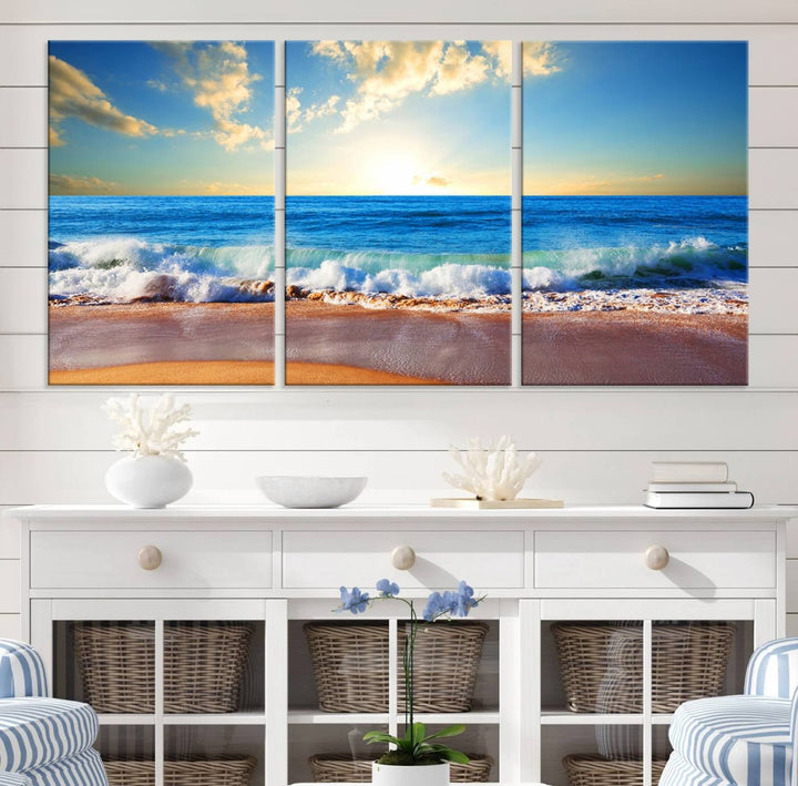 Tropical Beach Sunset Canvas Art, Ocean Waves and Sandy Shoreline Wall Art, Large Beach Decor for Coastal Homes