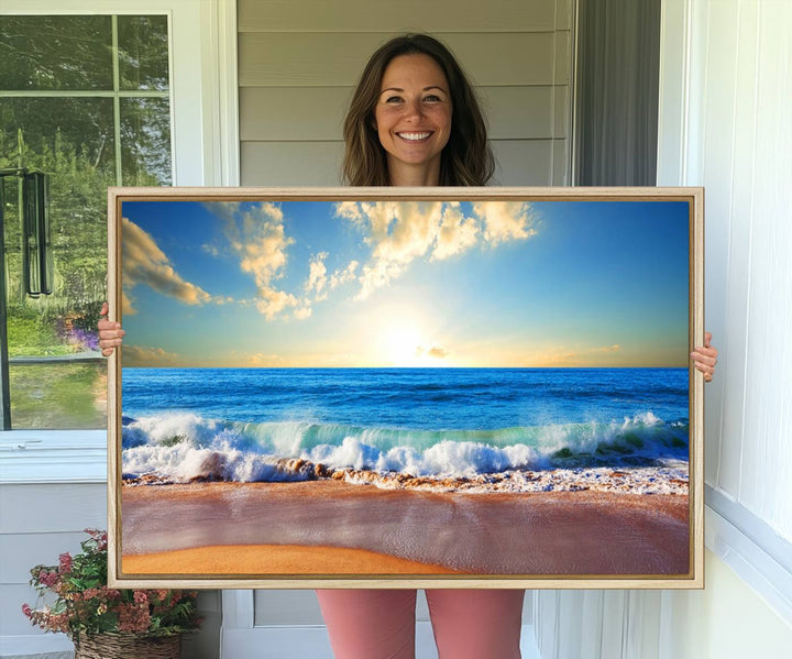 Tropical Beach Sunset Canvas Art, Ocean Waves and Sandy Shoreline Wall Art, Large Beach Decor for Coastal Homes