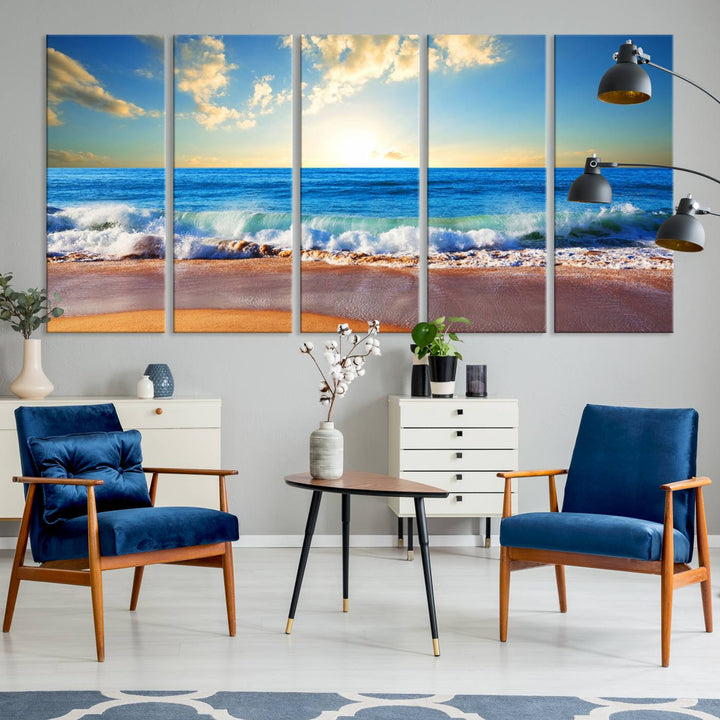 50522-MGV-CV-36X24-Tropical Beach Sunset Canvas Art, Ocean Waves and Sandy Shoreline Wall Art, Large Beach Decor for Coastal Homes