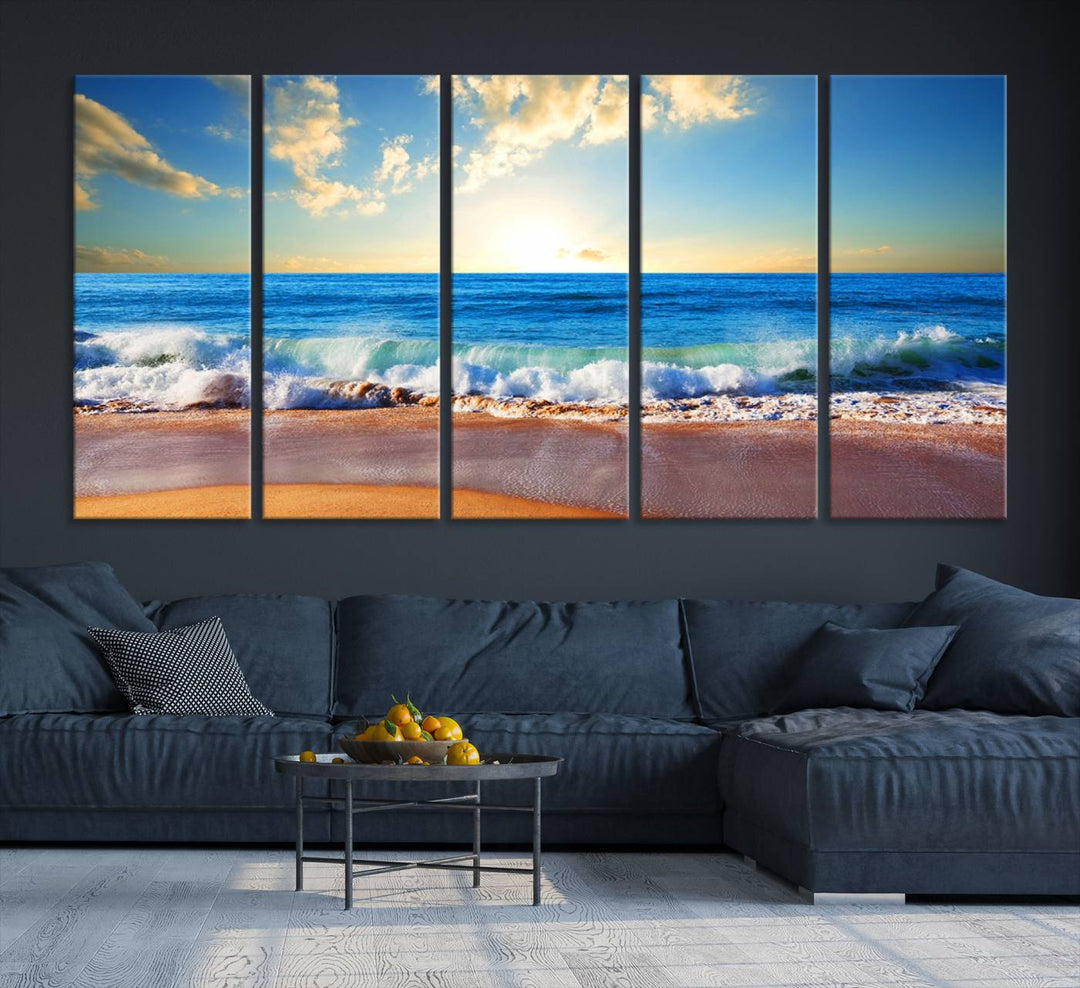 50522-MGV-CV-36X24-Tropical Beach Sunset Canvas Art, Ocean Waves and Sandy Shoreline Wall Art, Large Beach Decor for Coastal Homes