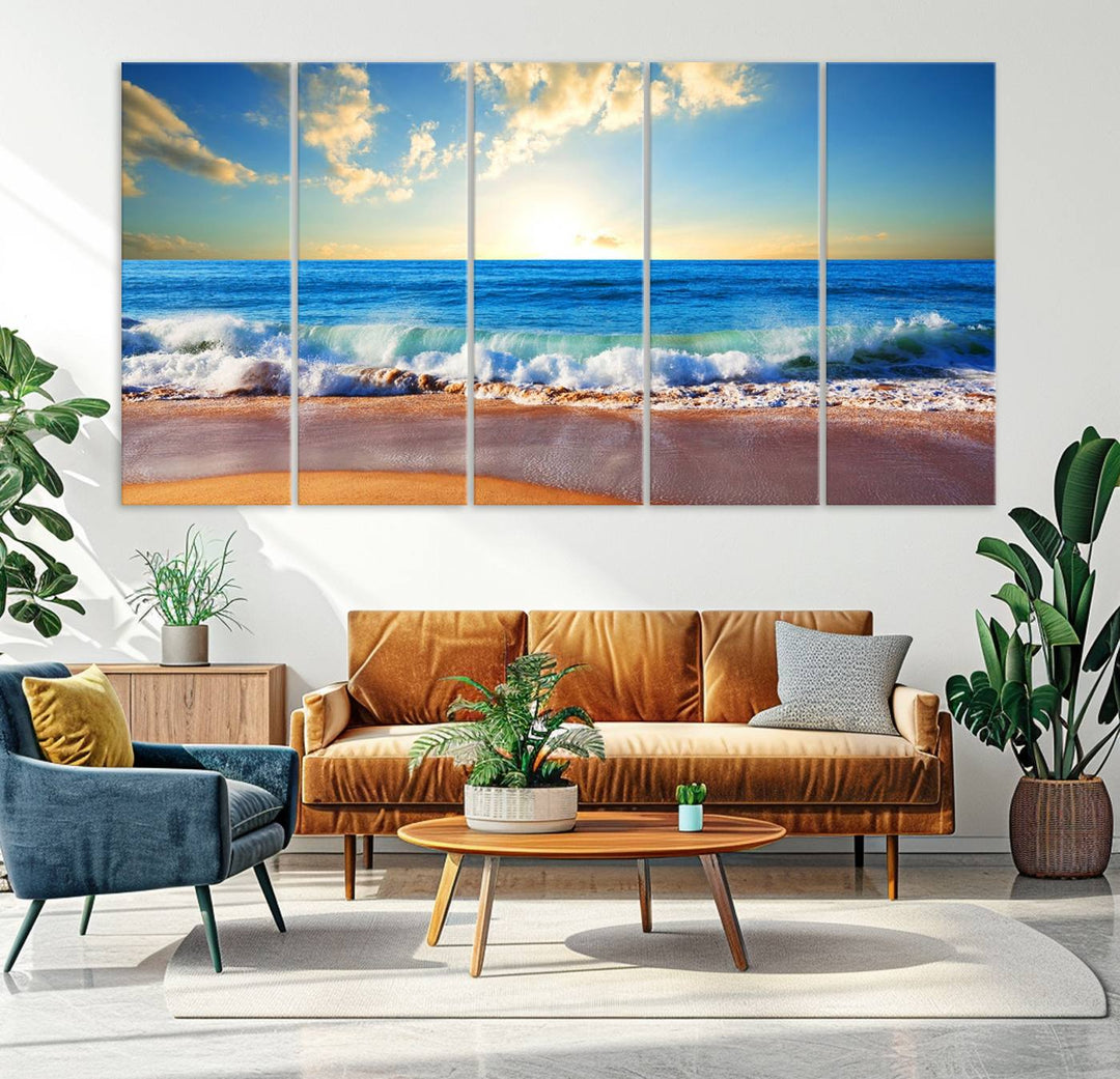 50522-MGV-CV-36X24-Tropical Beach Sunset Canvas Art, Ocean Waves and Sandy Shoreline Wall Art, Large Beach Decor for Coastal Homes