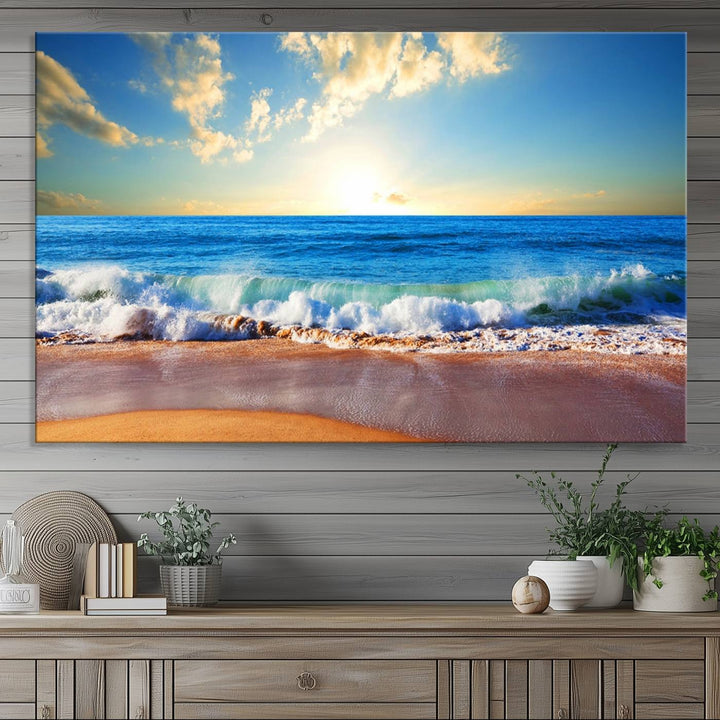Tropical Beach Sunset Canvas Art, Ocean Waves and Sandy Shoreline Wall Art, Large Beach Decor for Coastal Homes