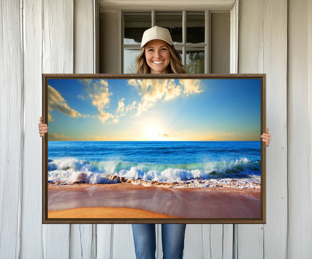 50522-MGV-CV-36X24-Tropical Beach Sunset Canvas Art, Ocean Waves and Sandy Shoreline Wall Art, Large Beach Decor for Coastal Homes