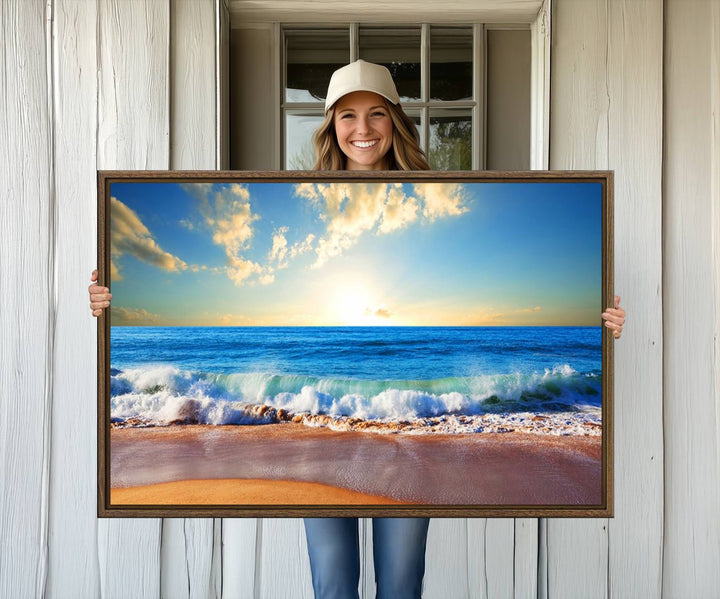 50522-MGV-CV-36X24-Tropical Beach Sunset Canvas Art, Ocean Waves and Sandy Shoreline Wall Art, Large Beach Decor for Coastal Homes