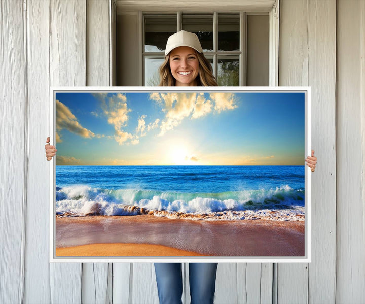 50522-MGV-CV-36X24-Tropical Beach Sunset Canvas Art, Ocean Waves and Sandy Shoreline Wall Art, Large Beach Decor for Coastal Homes