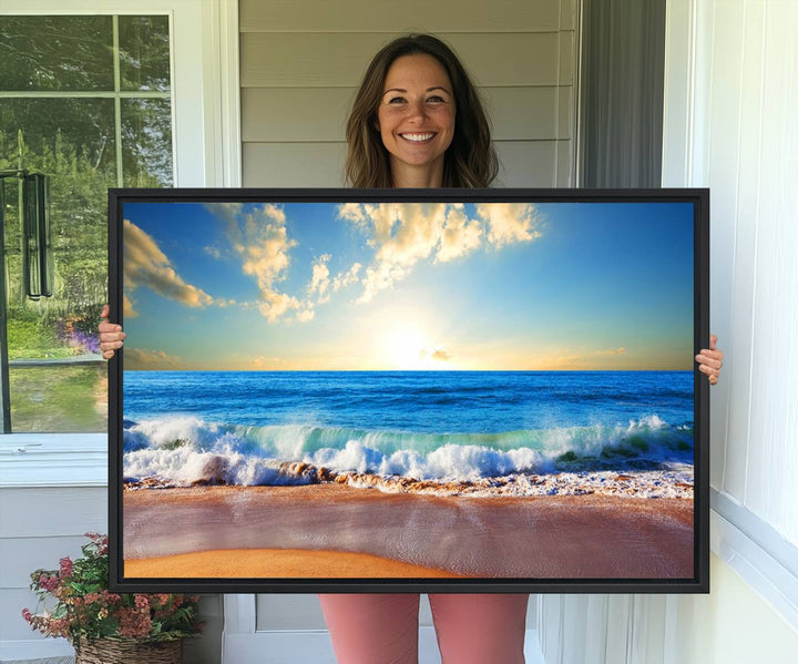 50522-MGV-CV-36X24-Tropical Beach Sunset Canvas Art, Ocean Waves and Sandy Shoreline Wall Art, Large Beach Decor for Coastal Homes