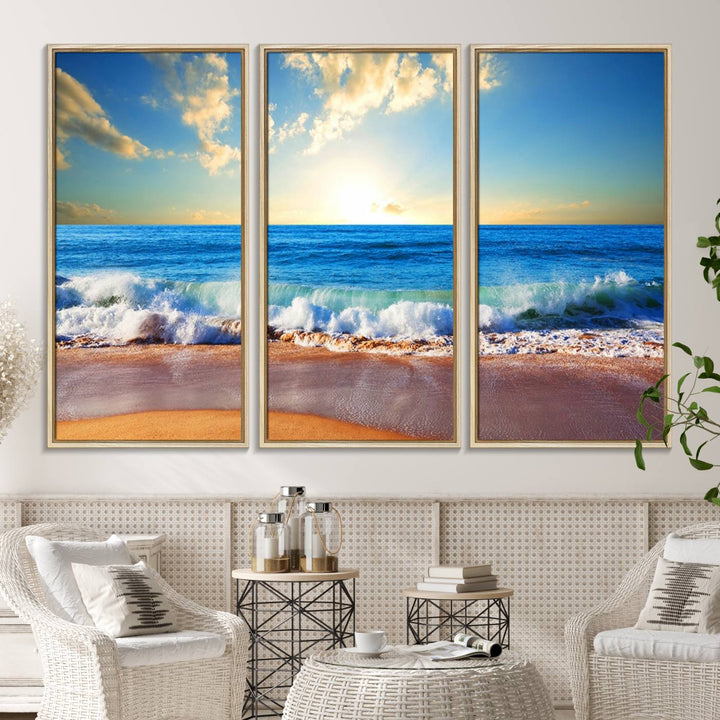 50522-MGV-CV-36X24-Tropical Beach Sunset Canvas Art, Ocean Waves and Sandy Shoreline Wall Art, Large Beach Decor for Coastal Homes
