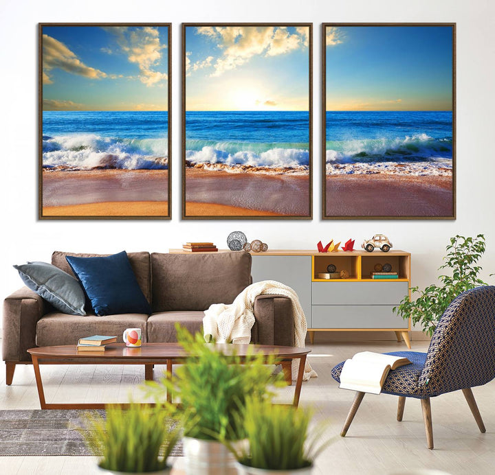 50522-MGV-CV-36X24-Tropical Beach Sunset Canvas Art, Ocean Waves and Sandy Shoreline Wall Art, Large Beach Decor for Coastal Homes
