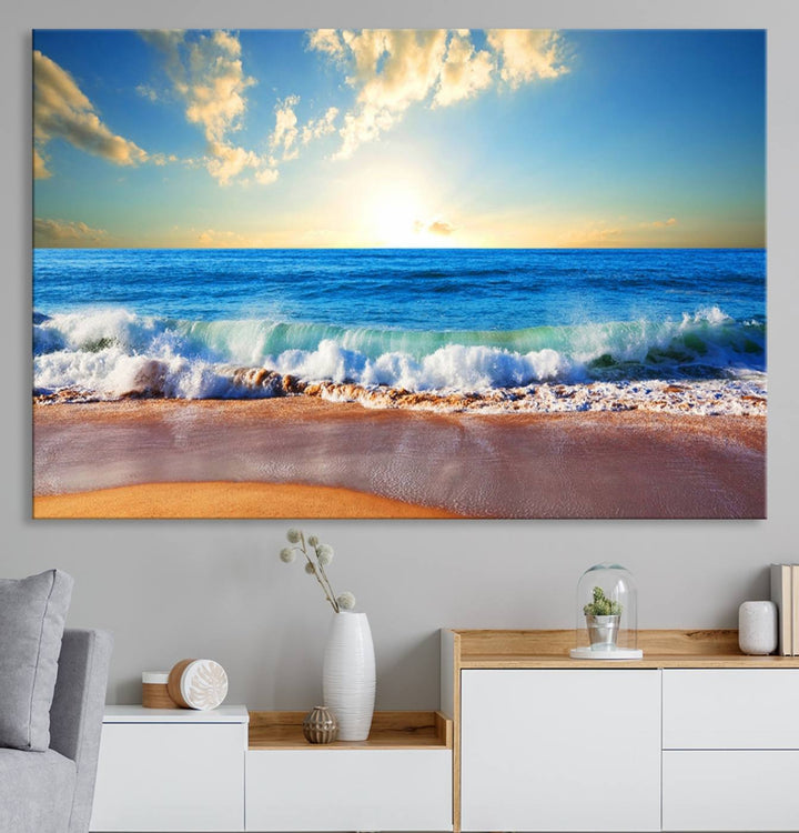 Tropical Beach Sunset Canvas Art, Ocean Waves and Sandy Shoreline Wall Art, Large Beach Decor for Coastal Homes