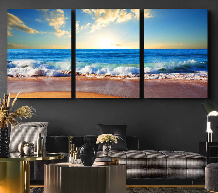 Tropical Beach Sunset Canvas Art, Ocean Waves and Sandy Shoreline Wall Art, Large Beach Decor for Coastal Homes