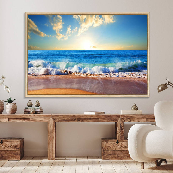50522-MGV-FC-36X24_Natural-Tropical Beach Sunset Canvas Art, Ocean Waves and Sandy Shoreline Wall Art, Large Beach Decor for Coastal Homes
