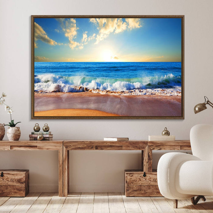 50522-MGV-FC-36X24_Walnut-Tropical Beach Sunset Canvas Art, Ocean Waves and Sandy Shoreline Wall Art, Large Beach Decor for Coastal Homes