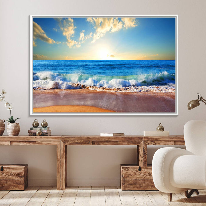 50522-MGV-FC-36X24_White-Tropical Beach Sunset Canvas Art, Ocean Waves and Sandy Shoreline Wall Art, Large Beach Decor for Coastal Homes