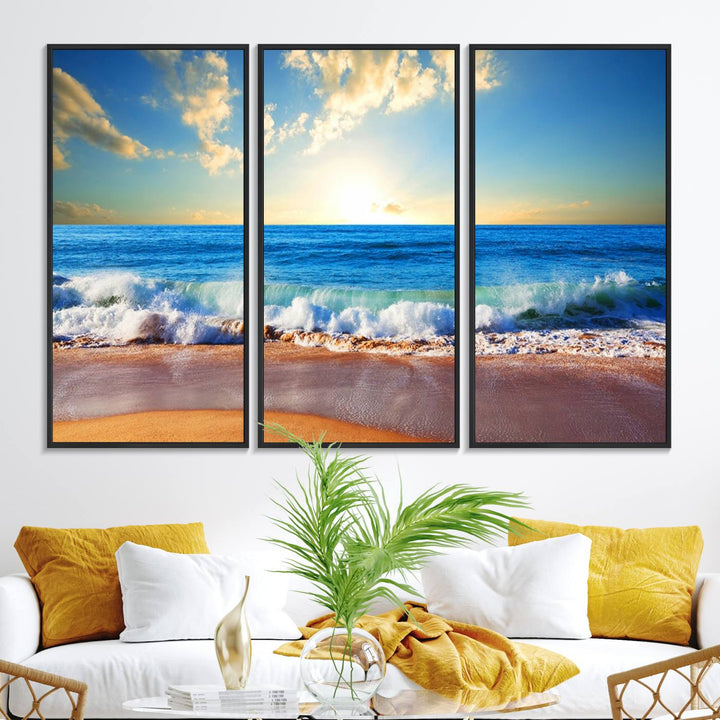 50522-MGV-FC-48X32-3P_Black-Tropical Beach Sunset Canvas Art, Ocean Waves and Sandy Shoreline Wall Art, Large Beach Decor for Coastal Homes