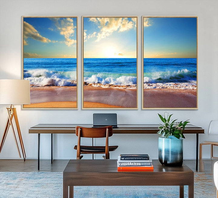 50522-MGV-FC-48X32-3P_Natural-Tropical Beach Sunset Canvas Art, Ocean Waves and Sandy Shoreline Wall Art, Large Beach Decor for Coastal Homes
