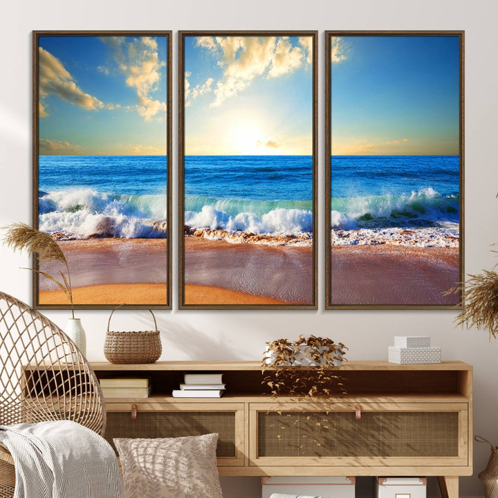 50522-MGV-FC-48X32-3P_Walnut-Tropical Beach Sunset Canvas Art, Ocean Waves and Sandy Shoreline Wall Art, Large Beach Decor for Coastal Homes
