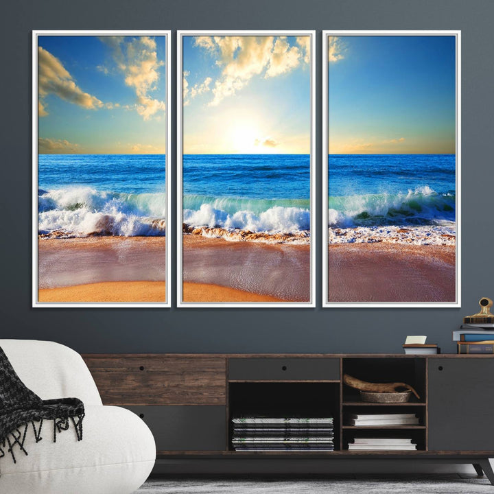 50522-MGV-FC-48X32-3P_White-Tropical Beach Sunset Canvas Art, Ocean Waves and Sandy Shoreline Wall Art, Large Beach Decor for Coastal Homes