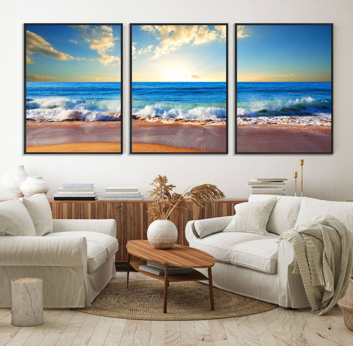 50522-MGV-FC-60X30-3P_Black-Tropical Beach Sunset Canvas Art, Ocean Waves and Sandy Shoreline Wall Art, Large Beach Decor for Coastal Homes