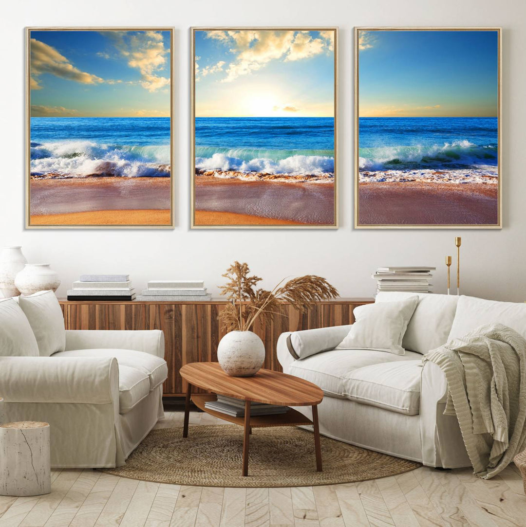 50522-MGV-FC-60X30-3P_Natural-Tropical Beach Sunset Canvas Art, Ocean Waves and Sandy Shoreline Wall Art, Large Beach Decor for Coastal Homes