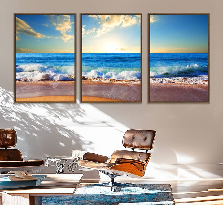 50522-MGV-FC-60X30-3P_Walnut-Tropical Beach Sunset Canvas Art, Ocean Waves and Sandy Shoreline Wall Art, Large Beach Decor for Coastal Homes