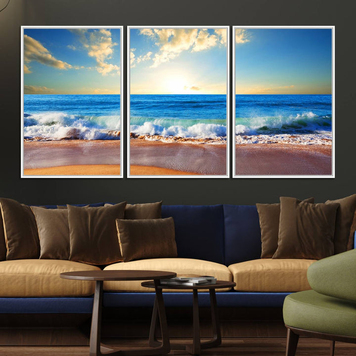 50522-MGV-FC-60X30-3P_White-Tropical Beach Sunset Canvas Art, Ocean Waves and Sandy Shoreline Wall Art, Large Beach Decor for Coastal Homes