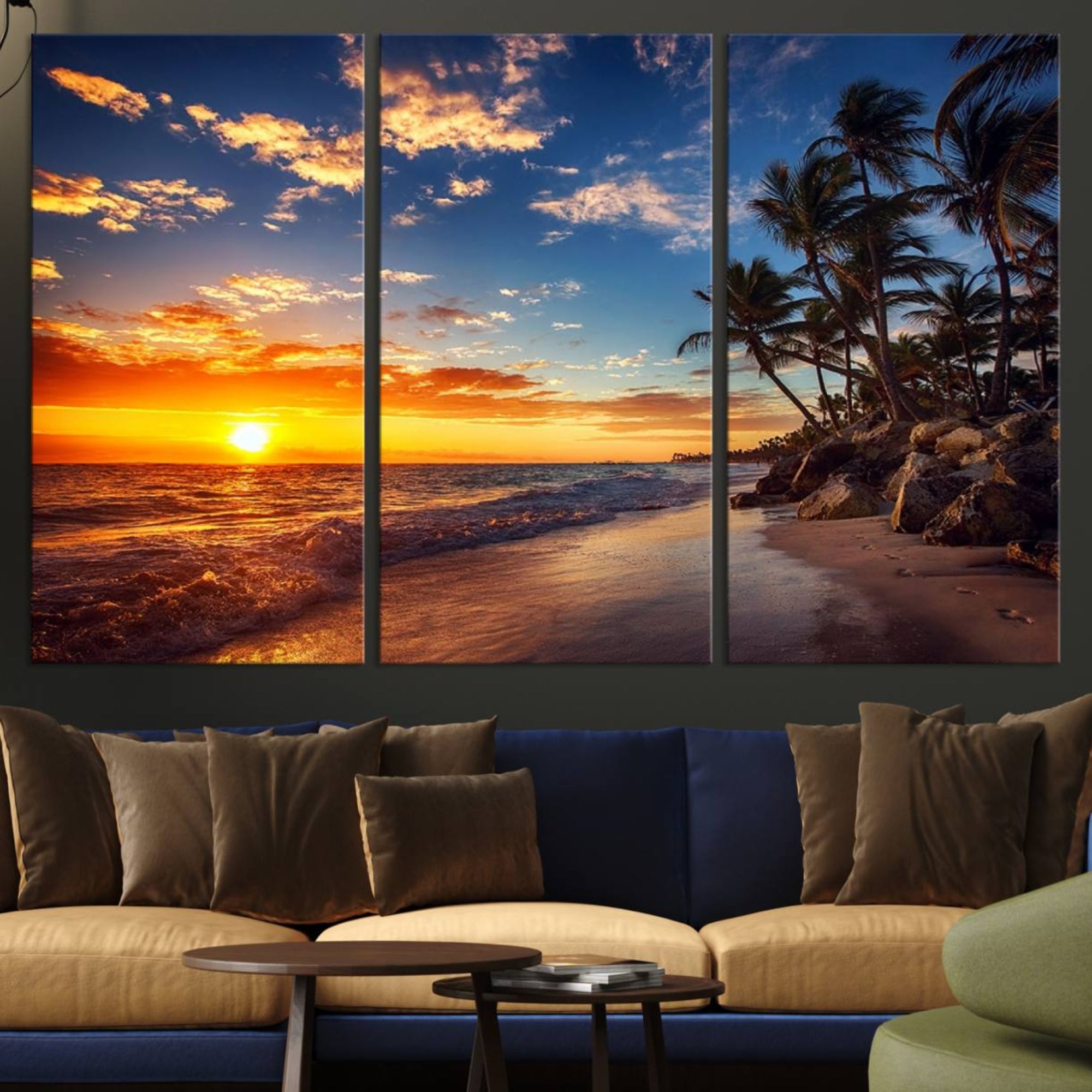83855-MGV-CV-36X24-Tropical Beach Sunset Canvas Art, Palm Trees and Ocean Waves Canvas Wall Art, Giclee Print