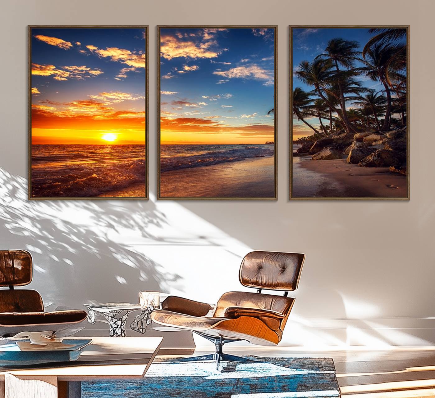 83855-MGV-FC-60X30-3P_Walnut-Tropical Beach Sunset Canvas Art, Palm Trees and Ocean Waves Canvas Wall Art, Giclee Print