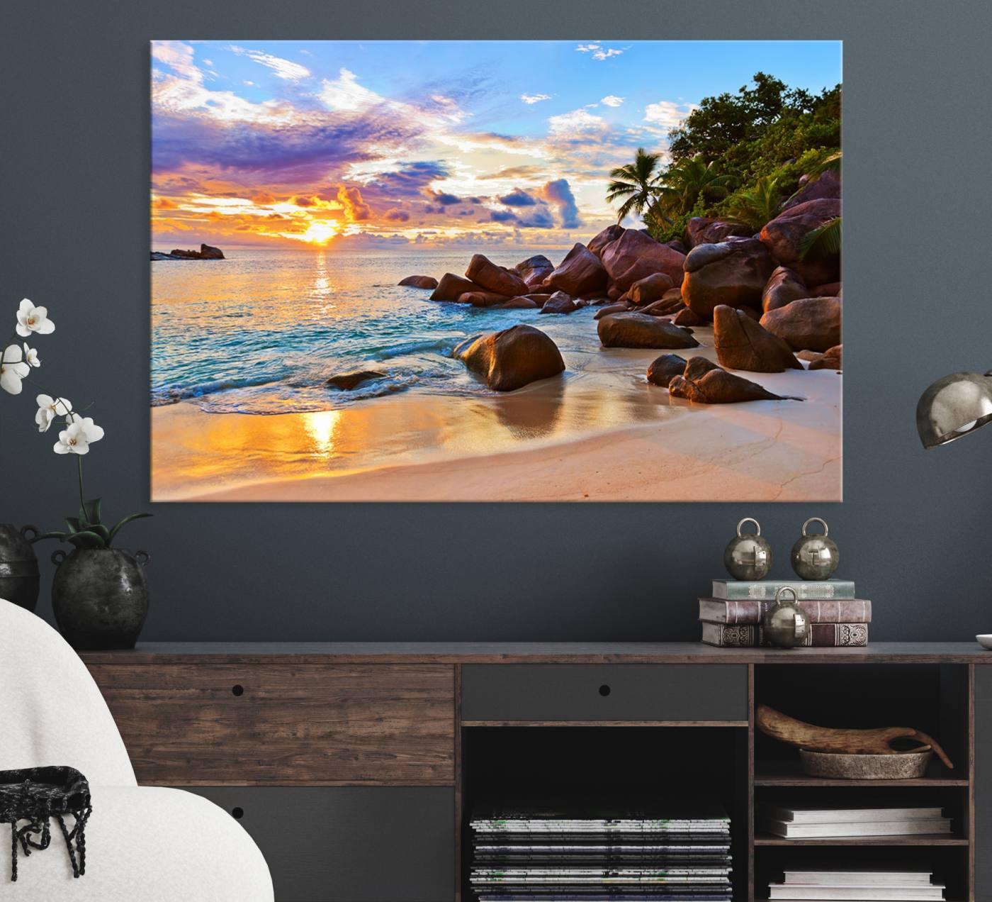 43209-MGV-CV-36X24-Tropical Beach Sunset Canvas Print, Ocean Waves and Rocky Shoreline Wall Art, Coastal Decor for