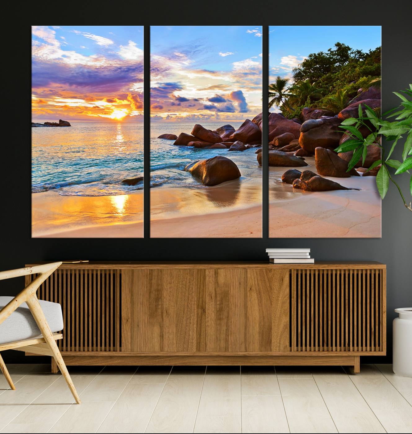 43209-MGV-CV-36X24-Tropical Beach Sunset Canvas Print, Ocean Waves and Rocky Shoreline Wall Art, Coastal Decor for