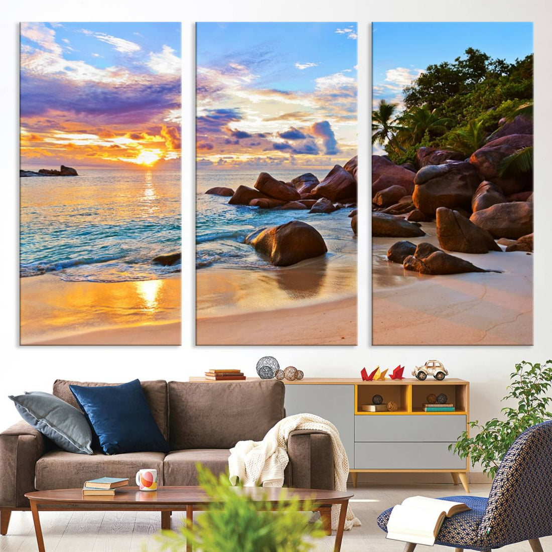 Tropical Beach Sunset Canvas Print, Ocean Waves and Rocky Shoreline Wall Art