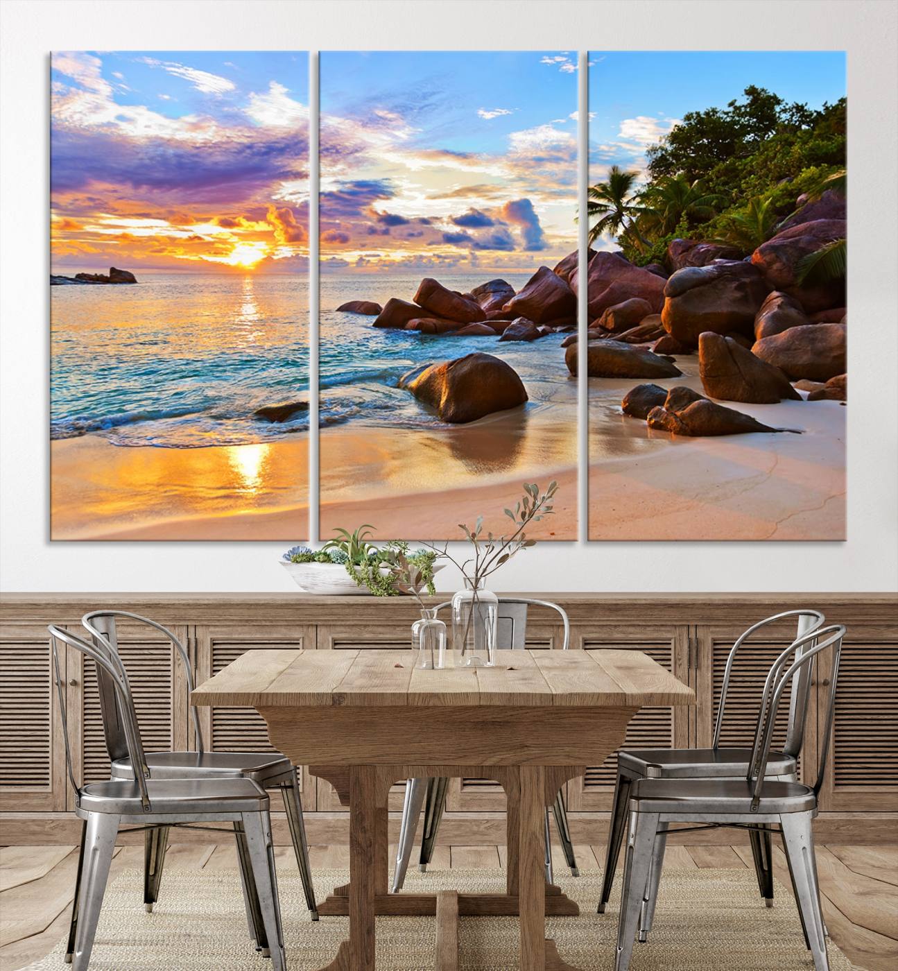 43209-MGV-CV-36X24-Tropical Beach Sunset Canvas Print, Ocean Waves and Rocky Shoreline Wall Art, Coastal Decor for