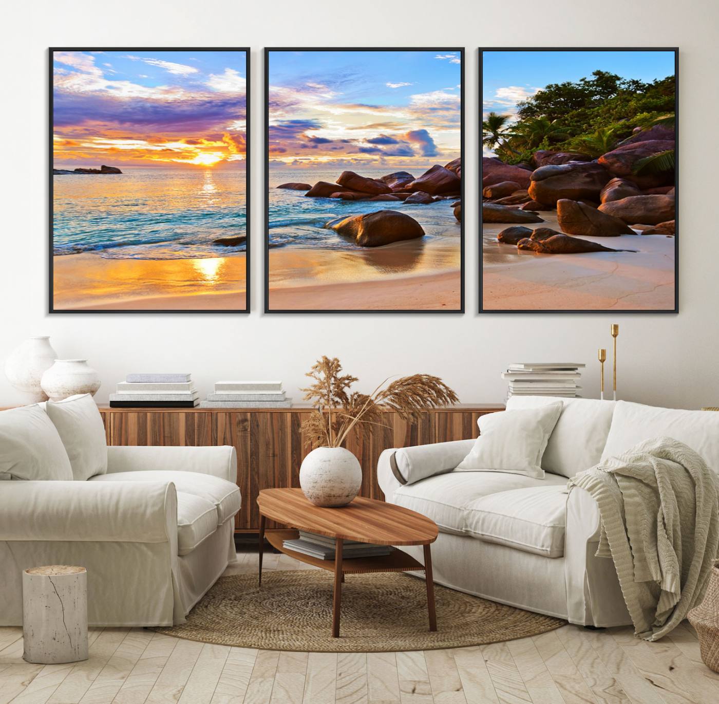 43209-MGV-FC-60X30-3P_Black-Tropical Beach Sunset Canvas Print, Ocean Waves and Rocky Shoreline Wall Art, Coastal Decor for